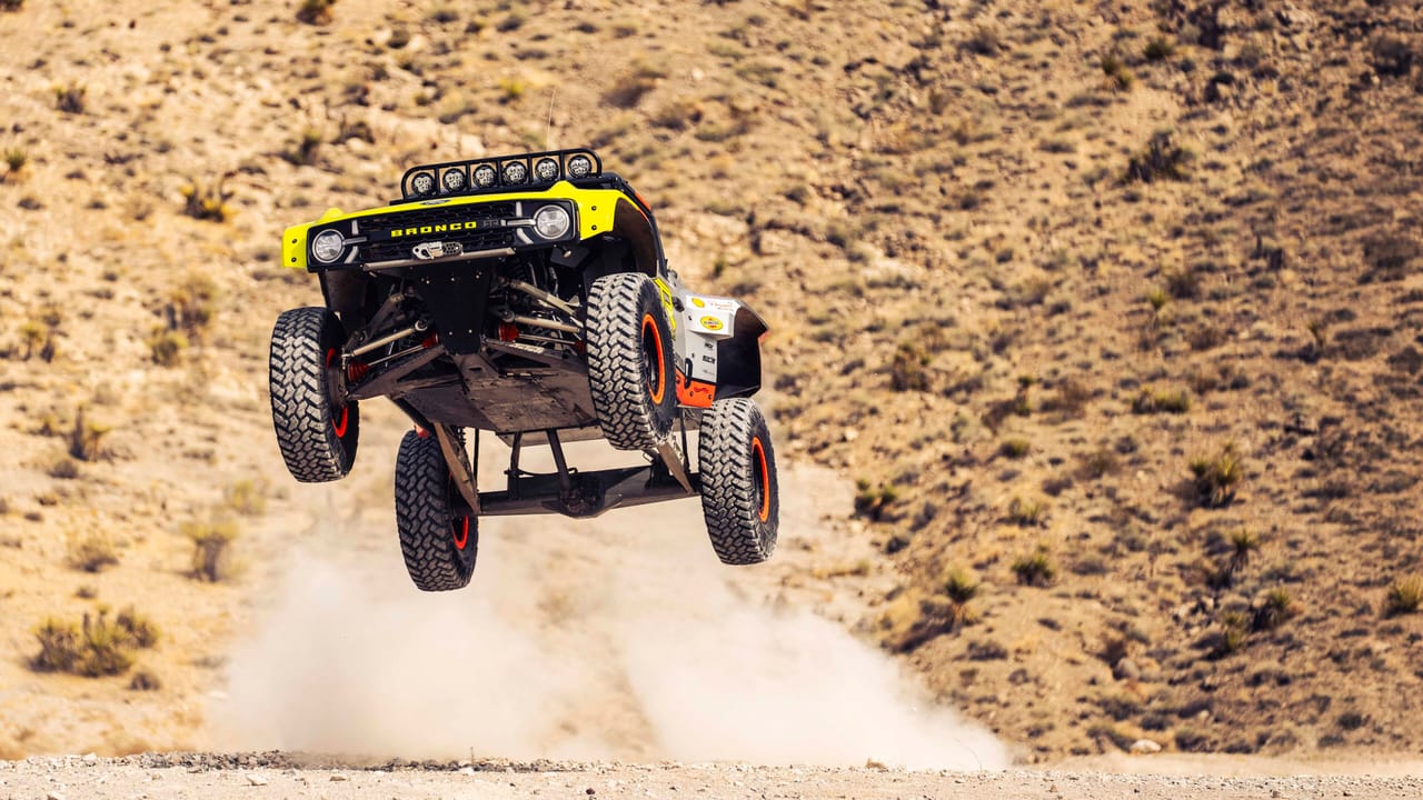 Ford Bronco El Bandito soaring over desert terrain