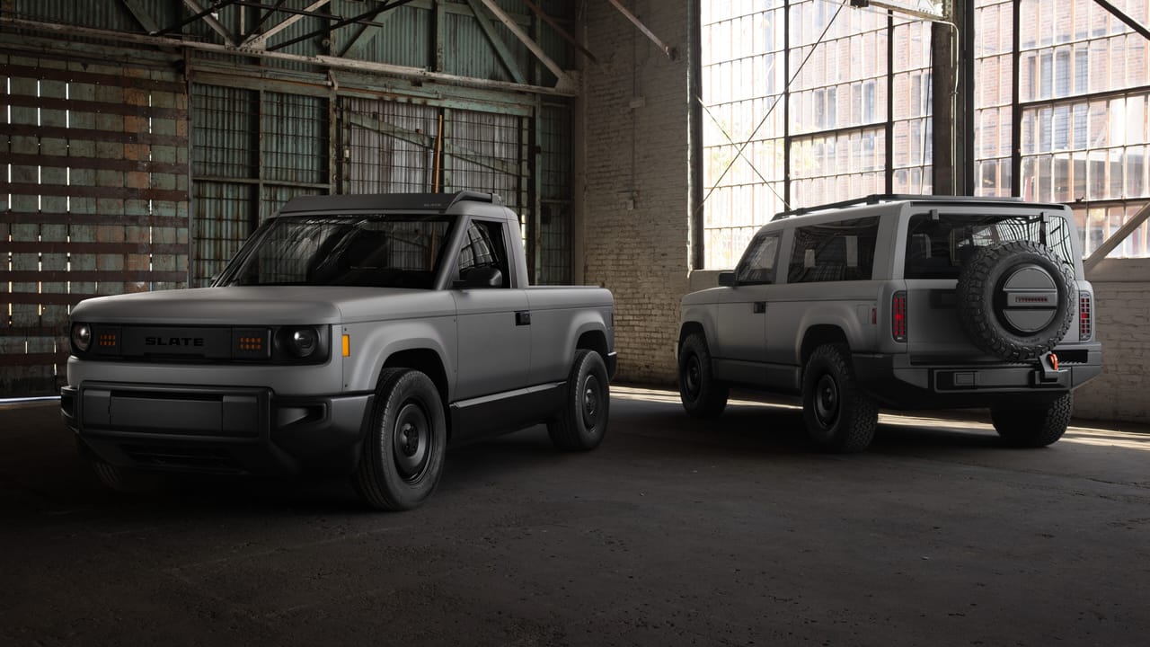 Close-up of the Slate Auto electric truck's minimalist interior, showcasing its basic design.