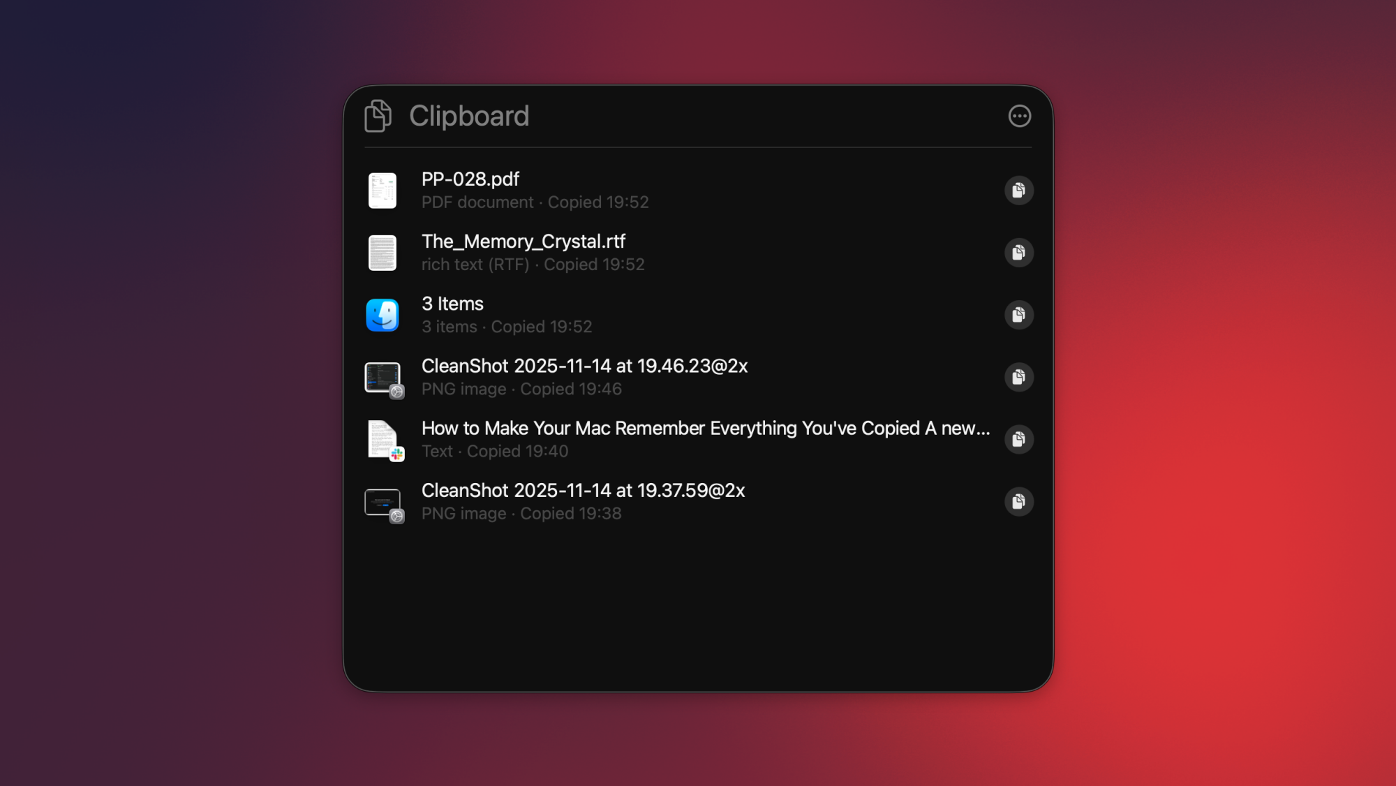 A screenshot of Mac's System Settings, showing the Spotlight preferences pane with 'Results from Clipboard' enabled and retention options.