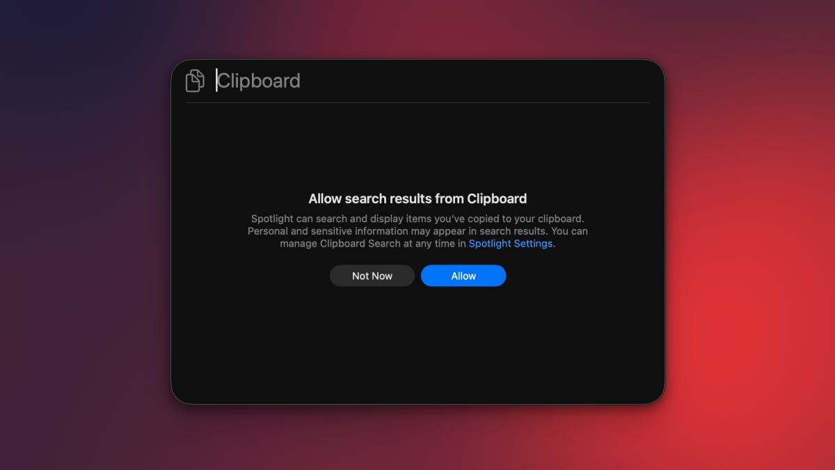 A screenshot of Mac's Spotlight search showing recent clipboard history entries, including text and images.