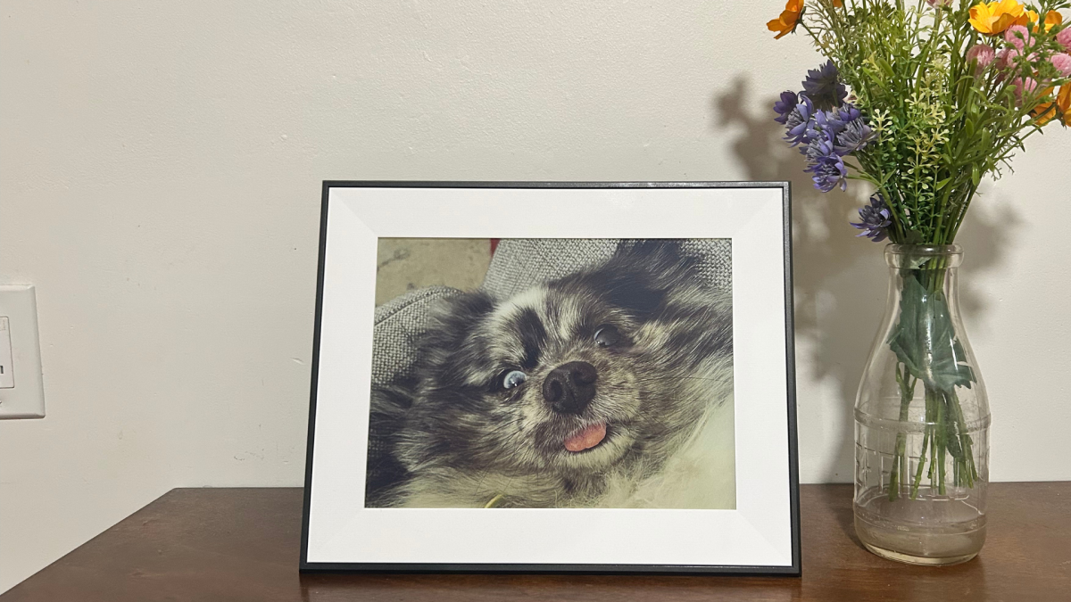 The Aura Ink displaying a family photo, blending seamlessly into the home decor.