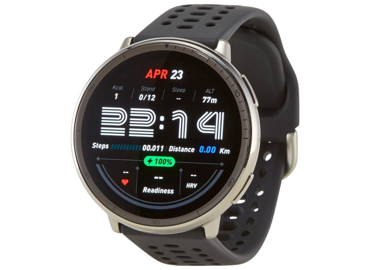 Close-up of the Amazfit Active 2 smartwatch on a wrist, showcasing its sleek design and vibrant display.