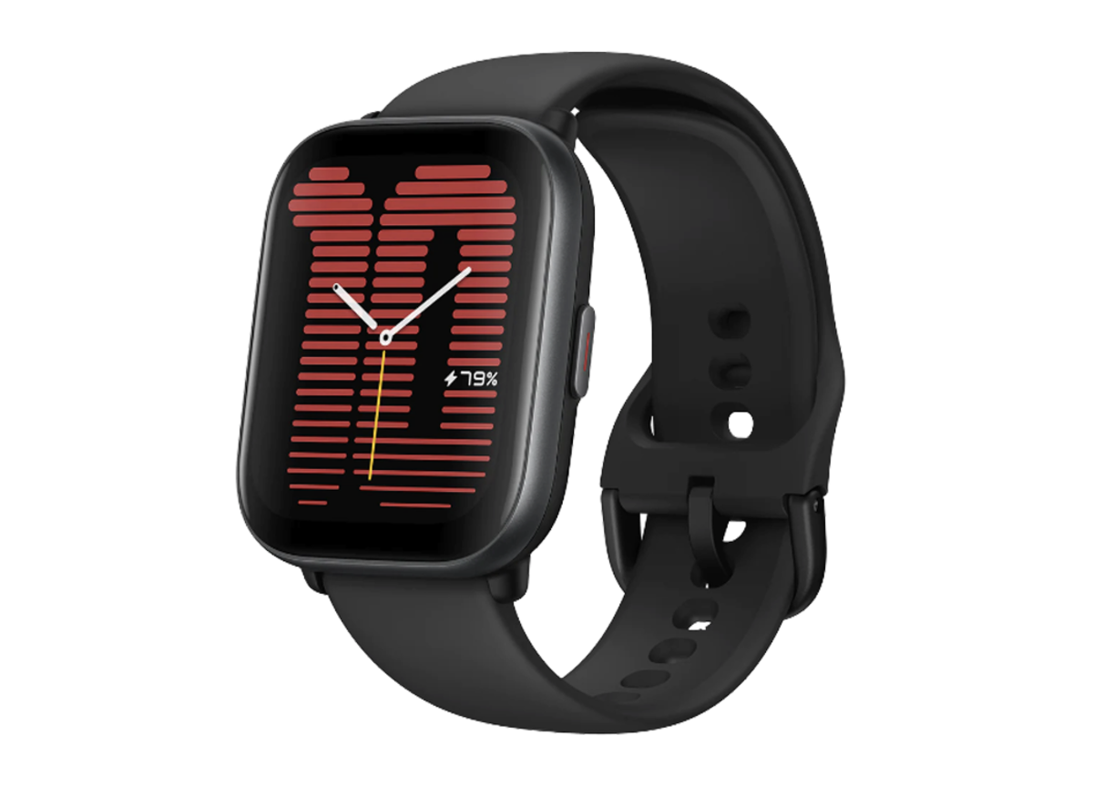 Close-up of the Amazfit Active smartwatch displaying its vibrant display and sleek design.