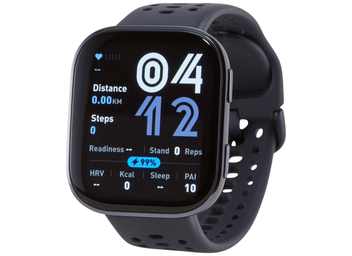 Amazfit Bip 6 smartwatch on a wrist, displaying fitness metrics