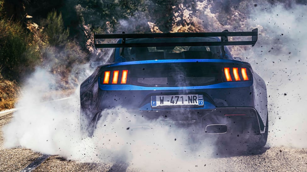 Close-up of the Ford Mustang GTD's front end, highlighting its aggressive design