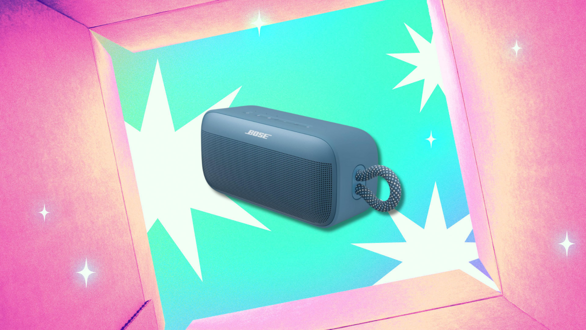 Bose SoundLink Plus speaker on a park bench demonstrating portability