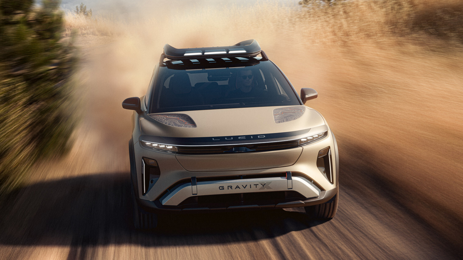 Close-up of the Lucid Gravity X concept's all-terrain tires and rugged design elements