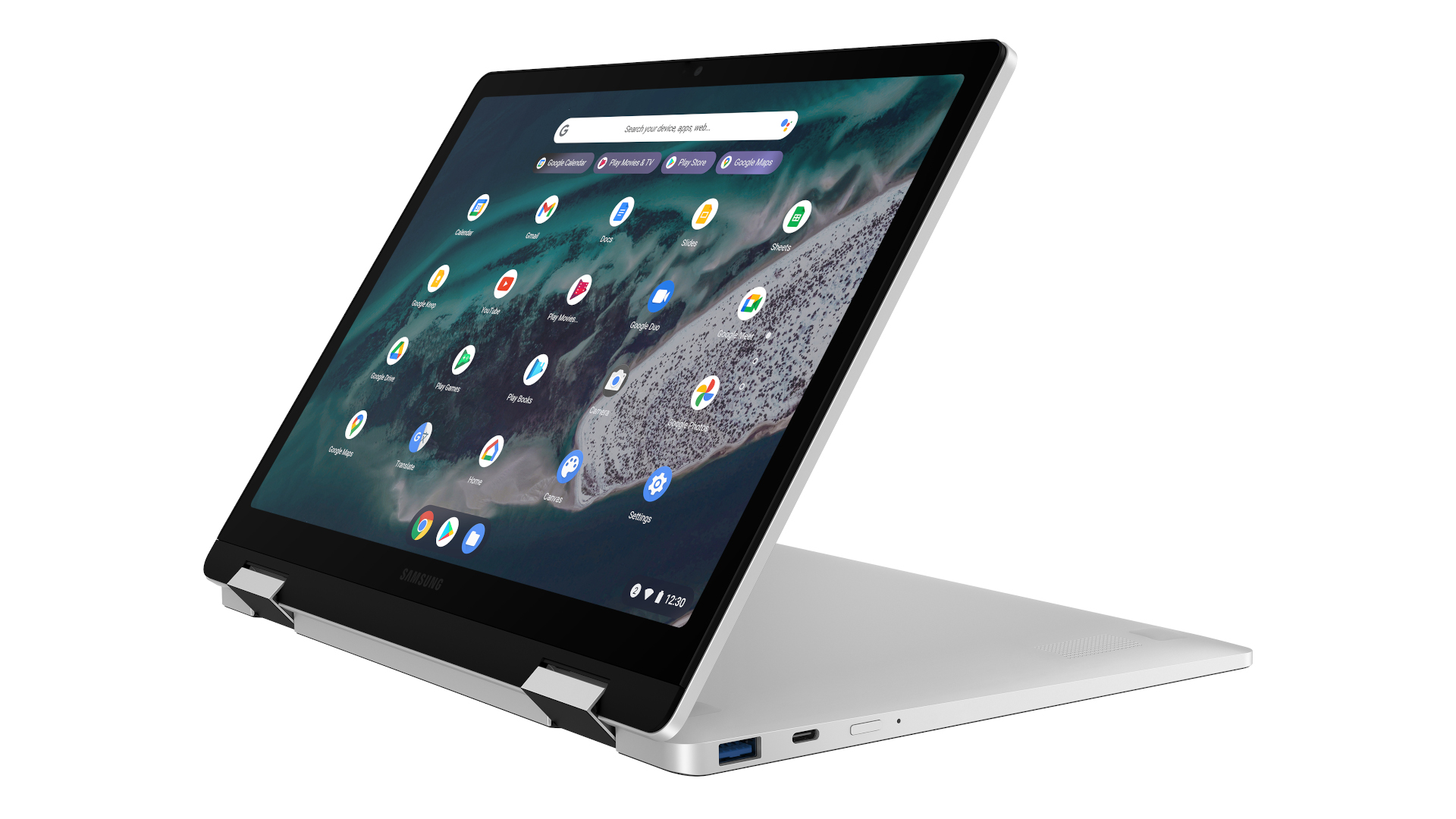 A user interacting with a 2-in-1 Chromebook in tablet mode.