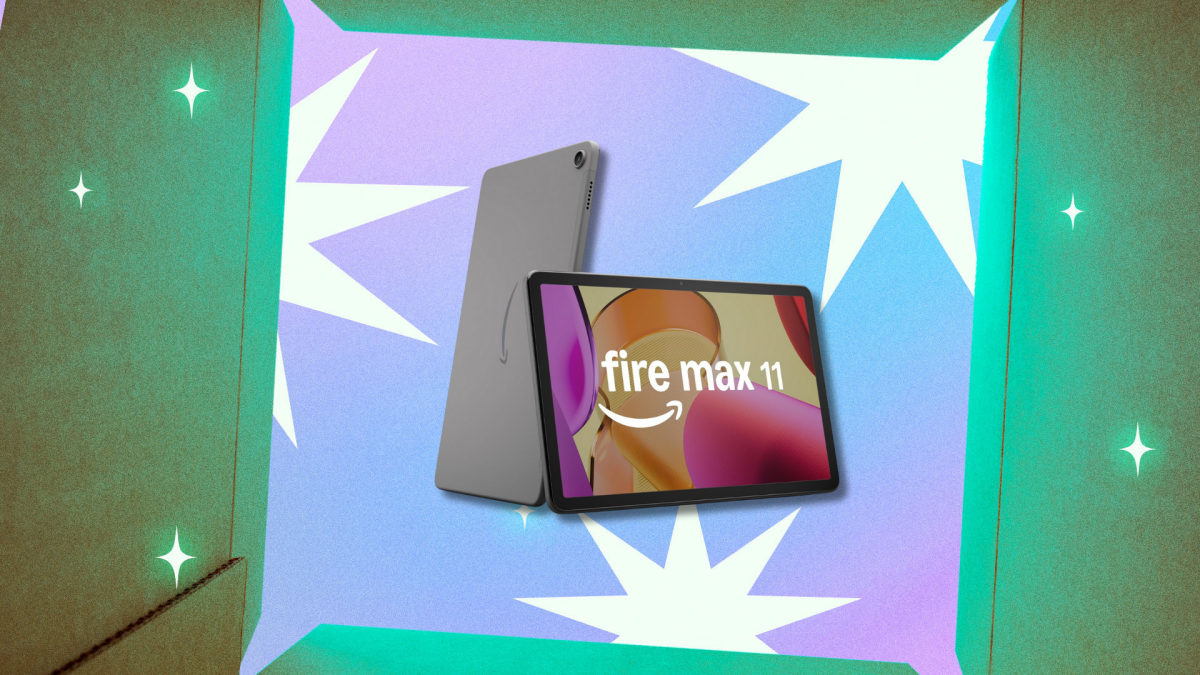 Amazon Fire Max 11 tablet in hand Amazon Fire Max 11 tablet showing the screen