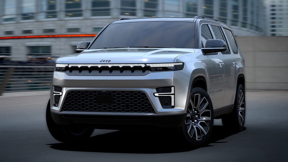 Close-up of the 2026 Jeep Grand Wagoneer's new headlights and grille design.