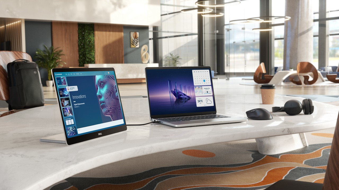 Dell 14 Plus laptop in use, showcasing its versatility