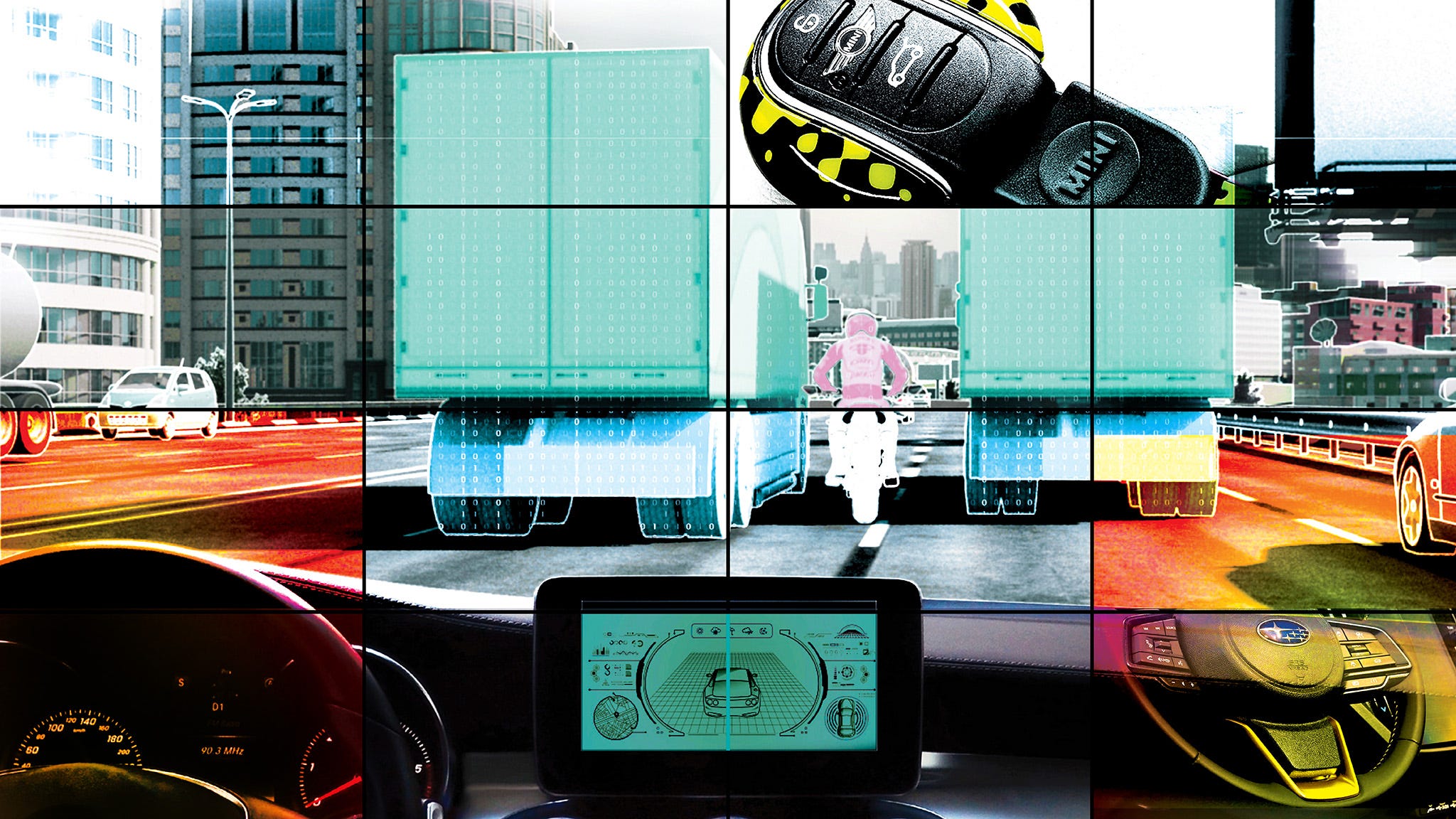 Complex modern car dashboard with multiple screens and controls