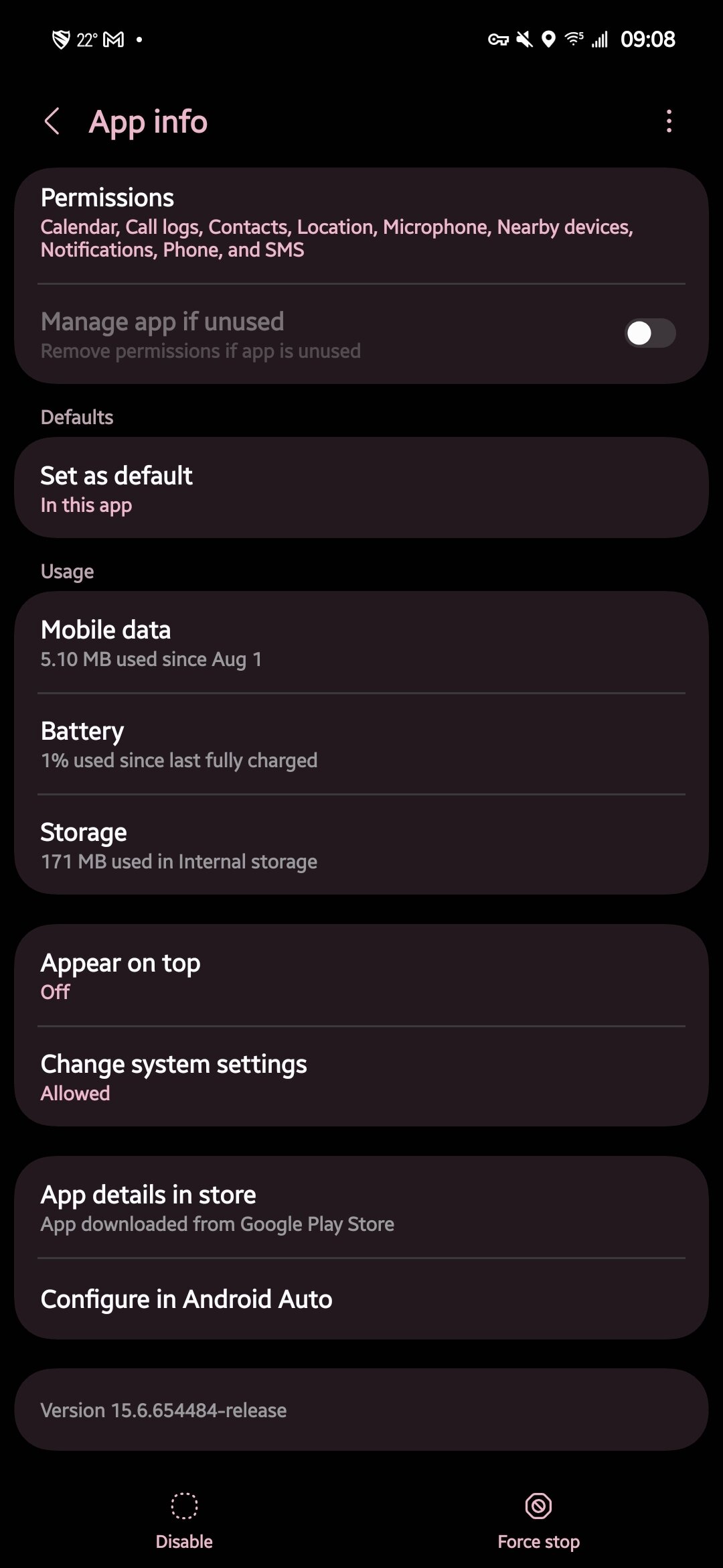Screenshot of Android Auto developer settings options