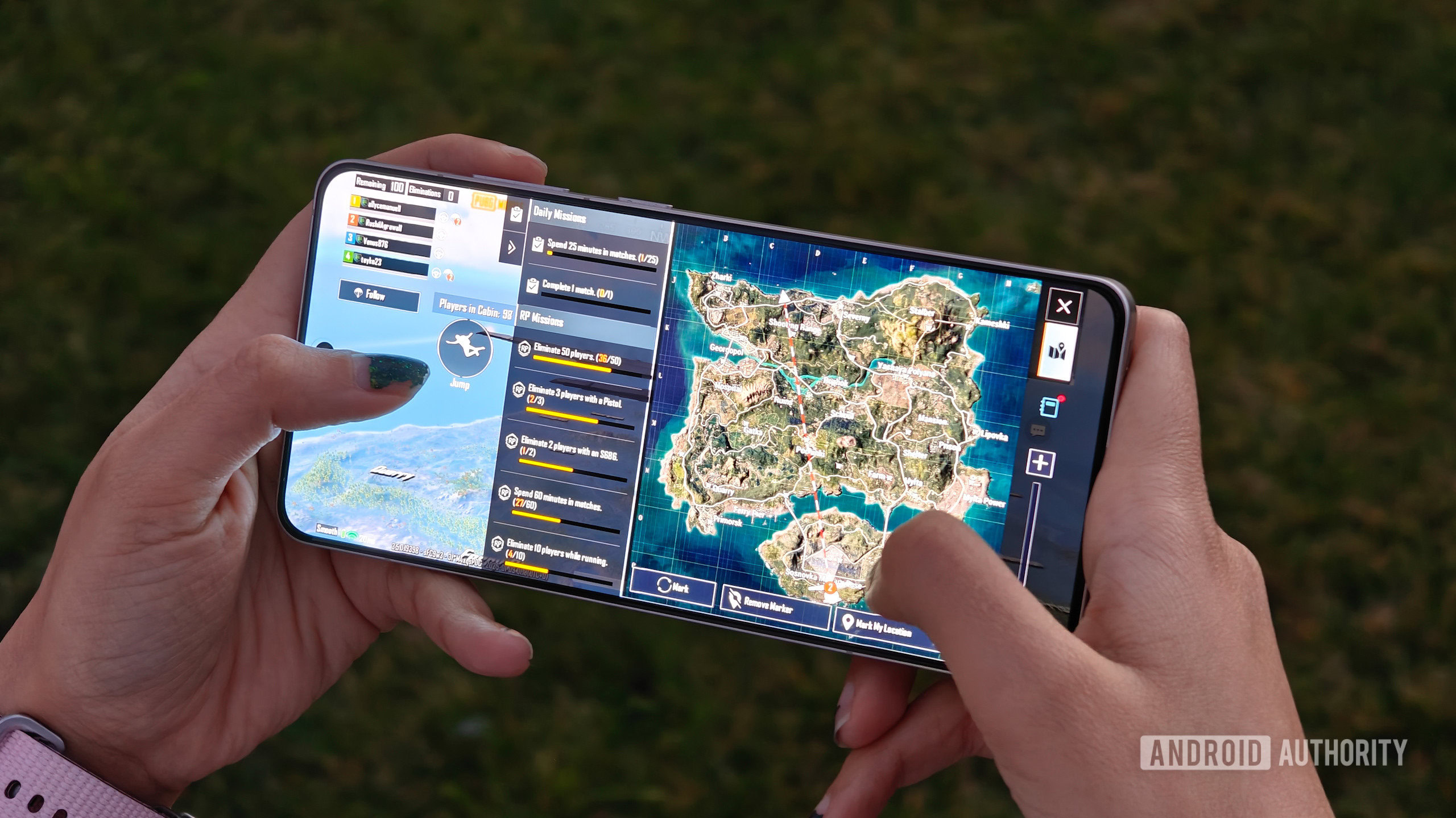 A person enjoying a mobile game on a mid-range smartphone with smooth graphics, showcasing effective non-elite smartphone performance.