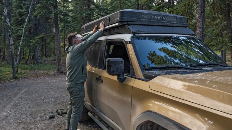 The iKamper Skycamp DLX rooftop tent with its annex attached, creating additional living space